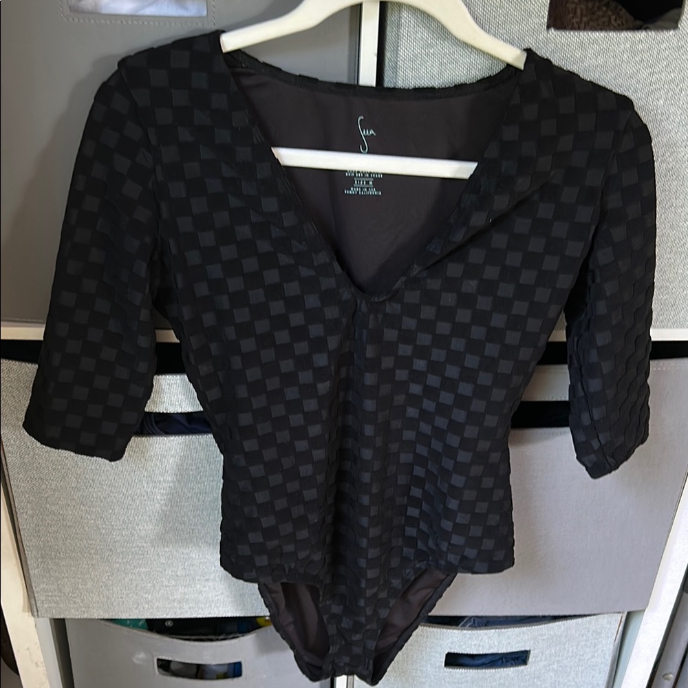 Seea Blue Fitted 3/4 Sleeve Bodysuit with Notched Collar